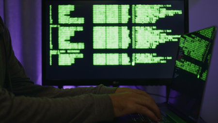 Detecting threats through active log analysis, Security operations IT center engaged in realtime threat assessment, Investigation of system logs under dim lighting to identifyの写真素材
