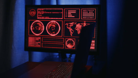 Night security monitoring, Dark control center alert system, Inactive security room with visual alerts, Monitoring station operating under minimal lighting with dynamic threatの写真素材