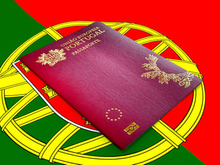 passport of a Portugal citizen on the background of the flag 3Dの写真素材