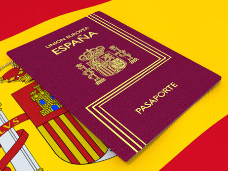 passport of a Spain citizen on the background of the flag 3Dの写真素材