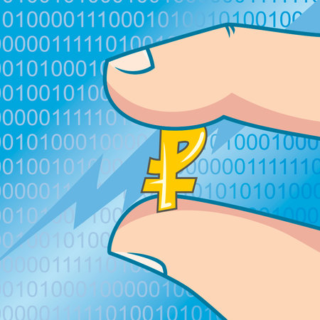 Cartoon hand holds ruble currency symbol vector illustrationのイラスト素材