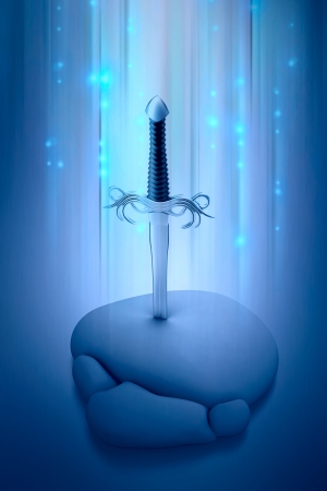 Sword and stone with light beam の写真素材