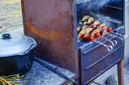 Vegetables and grilled shashlik in the old barbecue oven in natureの写真素材