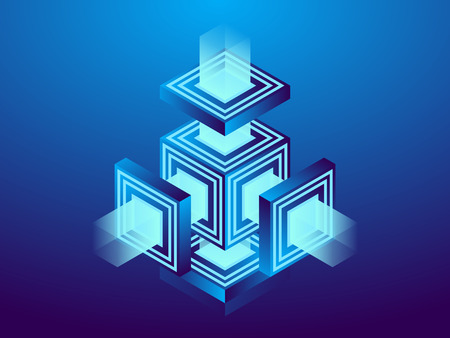 Cryptocurrency and blockchain, abstract isometric 3D illustration. Cryptocurrency mining farm, vector technology background.のイラスト素材