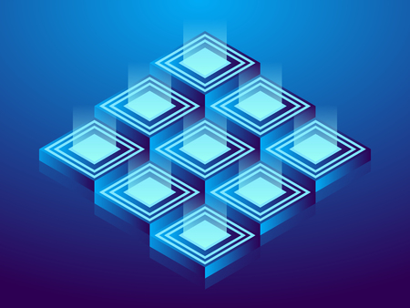 Cryptocurrency and blockchain, abstract isometric 3D illustration. Cryptocurrency mining farm, vector technology background.のイラスト素材