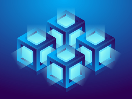 Cryptocurrency and blockchain, abstract isometric 3D illustration. Cryptocurrency mining farm, vector technology background.のイラスト素材