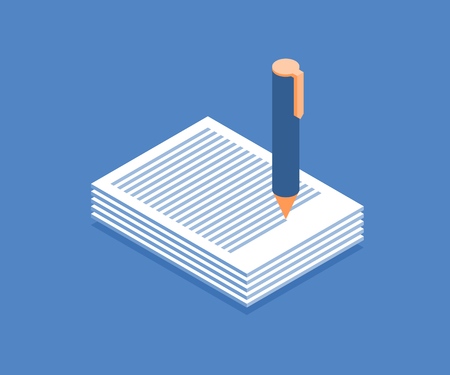 Stack of papers and pen icon. Vector illustration in flat isometric 3D style.のイラスト素材