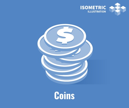 Coins icon. Stack of coins with dollar symbol. Vector 3D illustration isolated on blue backgroundのイラスト素材