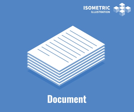 Document icon. Pile of documents, stack of business paper. Vector 3D illustration isolated on blue backgroundのイラスト素材