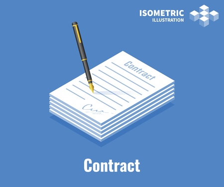 Signing contract icon. Paper document with signature and pen. Vector 3D illustration isolated on blue backgroundのイラスト素材