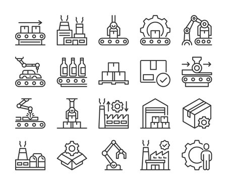 Factory icons. Factory building and Production line icon set. Editable Stroke.のイラスト素材