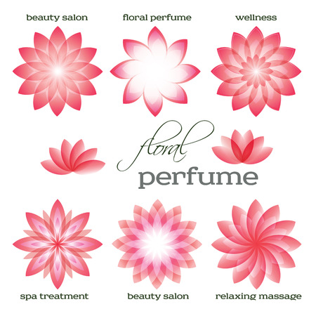 Set flowers isolated abstract icons design. Floral parfum & organic cosmetician for spa treantment. Concept symbol for boutique, beauty salon, relaxing massage, resort. Vector illustrationのイラスト素材