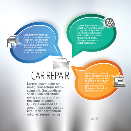 Car repair background with icons design elements on gray blur glowing background with bubble speak place for text. Business presentation template for vehicle service newsletter.のイラスト素材