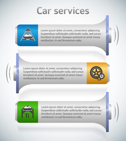 Auto service and car wash background with icons design elements on horisontal banner. Modern business presentation template for car repair webbanner. Vector illustration  megaphone isolatedのイラスト素材