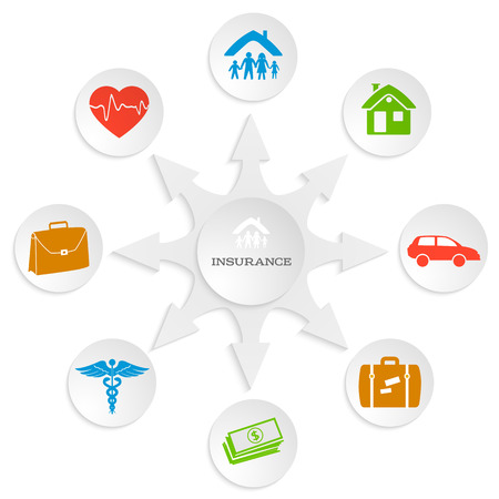 Modern Design style infographic template. Illustration of different kinds of insurance. Can be used for infographics and typography, chart process the insurance company, business service steps optionsのイラスト素材