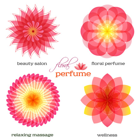 Set flowers isolated icons design. Floral aromatherapy & organic production for spa treatment. Concept symbol for floral parfume, beauty salon, relax aroma massage, resort. Vector illustrationのイラスト素材
