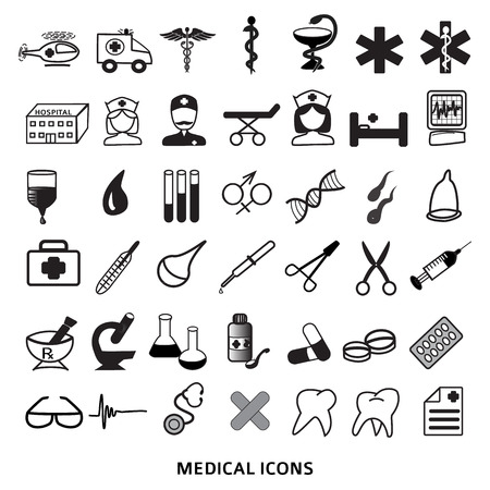 Health symbols. Set medical & healthcare icons. Black icon isolated on a white background. Vector Illustration, Graphic Design elements for button website or medicine brochureのイラスト素材