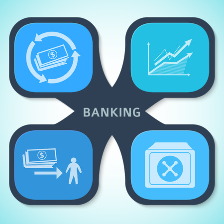 Modern Design style infographic template. Illustration of different kinds of banking. Can be used for infographics and typography, chart process the bank, business service steps optionsのイラスト素材