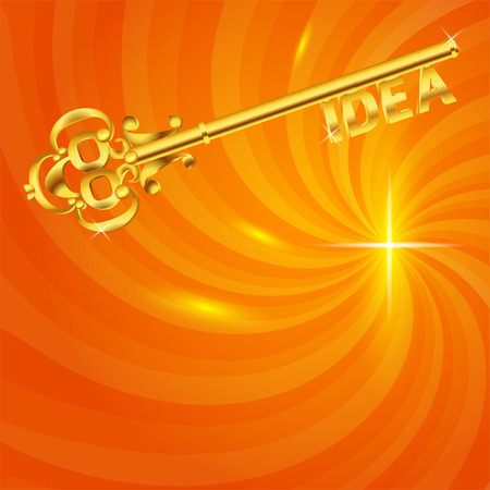 Idea with golden key template. Birth of new ideas, business concept. Shining orange, yellow background.のイラスト素材