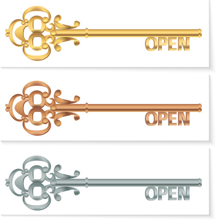 Keys concept set. Key collection gold, silver, copper. Open text. Vector illustration. eps 10のイラスト素材