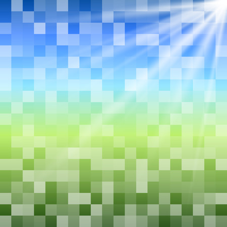 Blurry green field and blue sky with summer sun burst. Vector illustration Eps 10. Summer theme, a mosaic of bright glowing squares with glow sun ray. Gorgeous graphic for presentation design elementsのイラスト素材