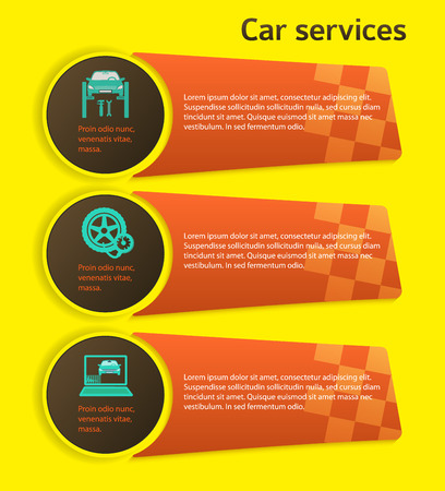 Auto service and car repair background with icons design elements on yellow background. Modern business presentation template for advertising vehicle repair newsletter. Vector illustration eps 10のイラスト素材