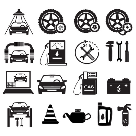 Set icons - silhouette Car service maintenance icon & Gas station pump with fuel nozzle sign. Vector illustration eps 10, isolated on white background.のイラスト素材