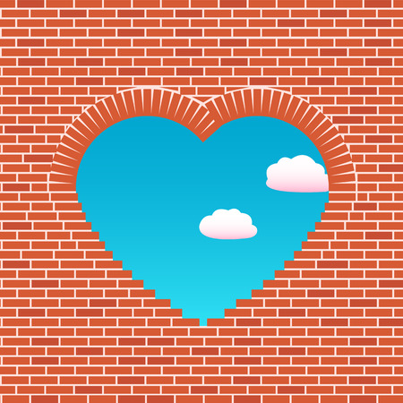 Opening in a wall in the form of heart. The sky through a wall is visible. Love wall. Love illustrationのイラスト素材