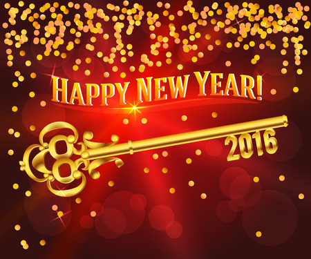 Card Happy New Year 2016 on bright red background festive glittering gold confetti & vintage golden key. Concept of the beginning year open path prosperity & well-being. Vector illustrationのイラスト素材