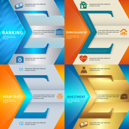 Set Design business presentation template. Vector illustration  of different kinds of banking. Can be used for infographics and typography, chart process the bank, business service steps optionsのイラスト素材