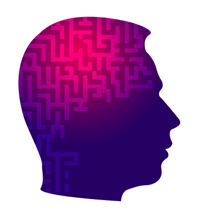 Psychology the concept of man. Labyrinth of perceiving the world. Icons silhouette profile of a man's head with a pattern on a background of puzzle.のイラスト素材