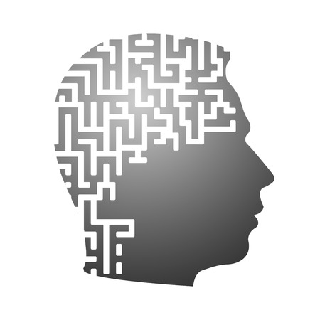 Psychology the concept of man. Labyrinth of perceiving the world. Icons silhouette profile of a man's head with a pattern on a background of puzzle.のイラスト素材