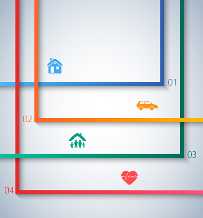 Modern design style info-graphic template. Illustration of different kinds of insurance. Can be used for info-graphics and typography, chart process the insurance company, business service steps, options.のイラスト素材