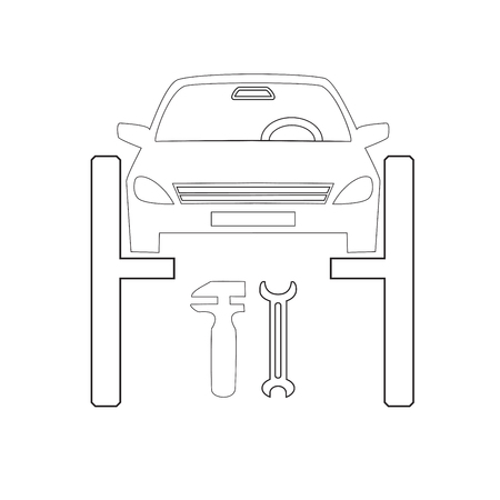 Design elements symbol for Editable icon - Includes silhouette Car On inspection pit with set locksmith's tools sign, isolated on white background. Lines outline style Vector illustrationのイラスト素材