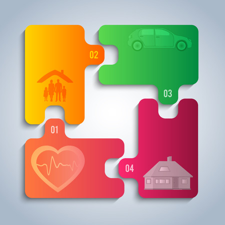Modern design style infographic template. Illustration of different kinds of insurance. Can be used for infographics and typography, chart process the insurance company, business service steps options.のイラスト素材