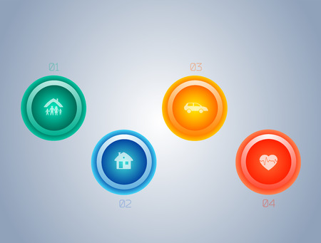 Modern Design style infographic mockup. Vector illustration of different types insurance. Can be for options of business services steps, anual report company, fraud protection, legal defense firmのイラスト素材