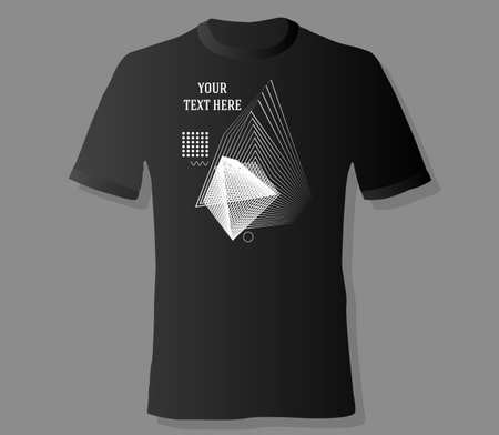 Realistic t-shirt mock up with print abstract geometric monohrome pattern on black backgroundのイラスト素材