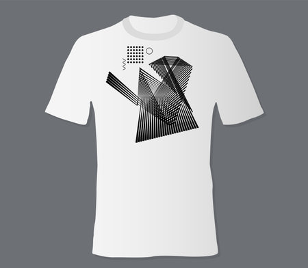 Realistic t-shirt mock up with print abstract geometric monohrome pattern on black backgroundのイラスト素材
