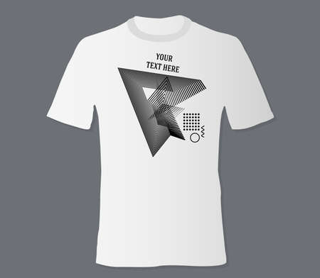 Realistic t-shirt mock up with print abstract geometric monohrome pattern on black backgroundのイラスト素材