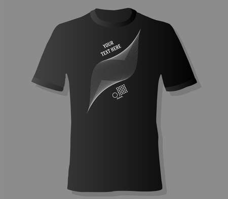 Realistic t-shirt mock up with print abstract geometric monohrome pattern on black backgroundのイラスト素材