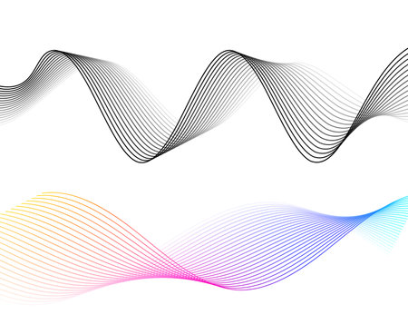 Design elements. Wave of many glittering lines. Abstract glow wavy stripes on white background isolated. Creative line art. Vector illustration EPS 10. Colourful waves with lines created using Blendのイラスト素材