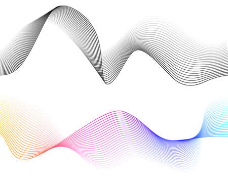 Design elements. Wave of many glittering lines. Abstract glow wavy stripes on white background isolated. Creative line art. Vector illustration EPS 10. Colourful waves with lines created using Blendのイラスト素材