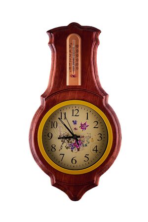 Wall clock in a wooden frame on a white background. Beechの写真素材