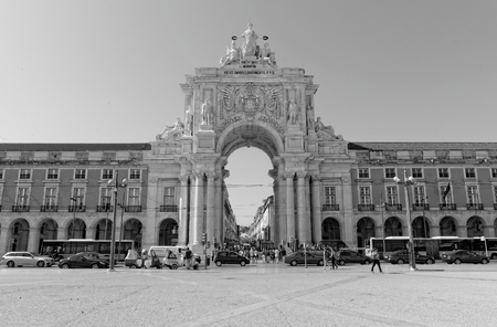 Lisbon, Portugal - May 14: The Rua Augusta Arch in Lisbon on May 14, 2014. Here are the sculptures made of Celestin Anatole Calmels and Victor Bastos. Portugal, Europe.のeditorial素材