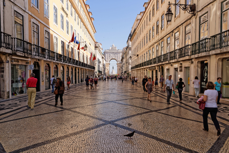 Lisbon, Portugal - May 14: Traditional old buildings on May 14, 2014. Beautiful view of the street in the old town of Lisbon, Portugal, Europe.のeditorial素材