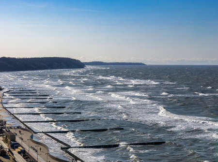 Top view on sea embankment with breakwaters on the Baltic sea in Svetlogorsk