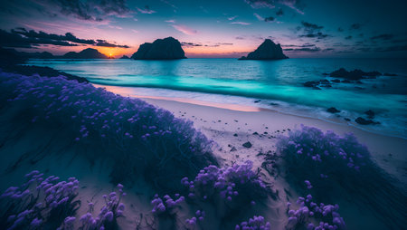 Turquoise blue beach bay with white sand beach. AI generated illustrationの素材