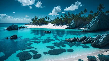 Turquoise blue beach bay with white sand beach. AI generated illustrationの素材
