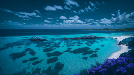 Turquoise blue beach bay with white sand beach. AI generated illustrationの素材