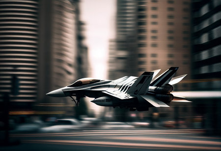 Fighter jet in the city. 3d rendering toned imageの素材